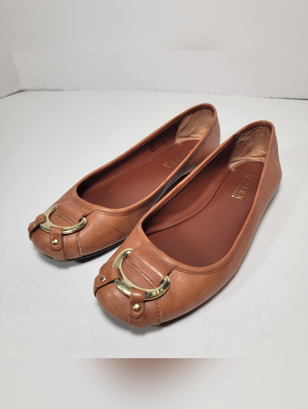 Lauren Ralph Lauren Tan Leather Ballet Flats with Gold Ring Accent